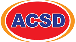 A logo featuring bold letters 'ACSD' in blue on a red oval background, framed with an orange outline.