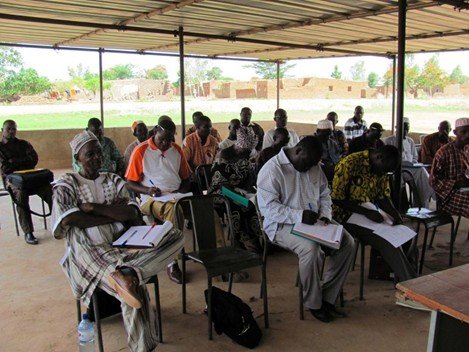 Initial meetings with a committee of local leaders to discuss the checklist of social and environmental issues that the due diligence team was being asked to assess at one of the 17 sites, Bama. (Source : Issa Zerbo).